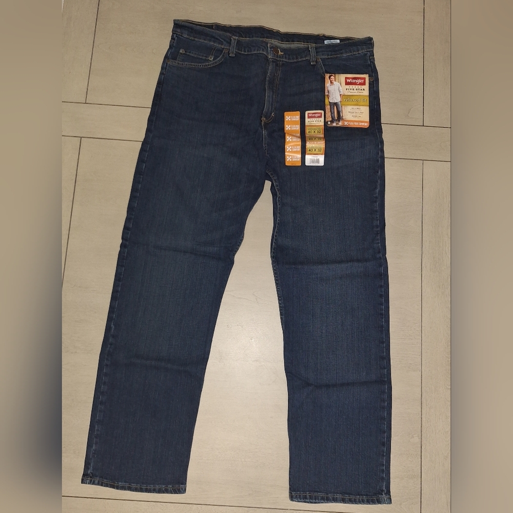 New Wrangler Relaxed Fit Jeans Five Star Premium Dark Blue Cotton Denim 40x32